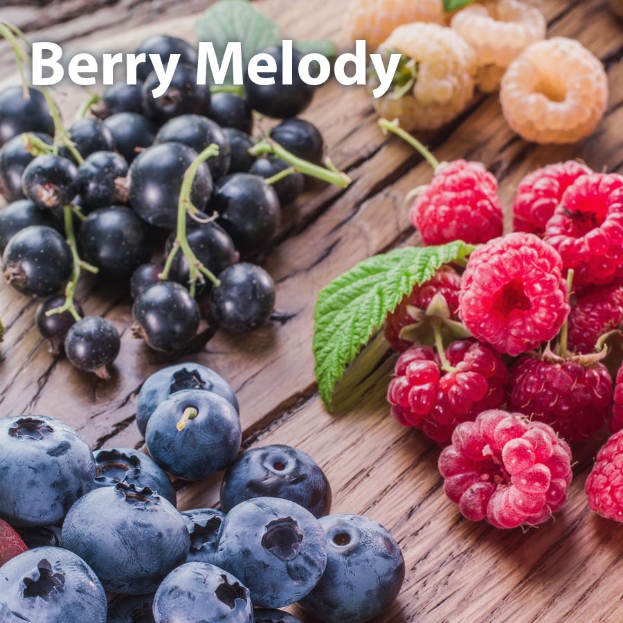 Assorted fresh berries and text: Berry Melody